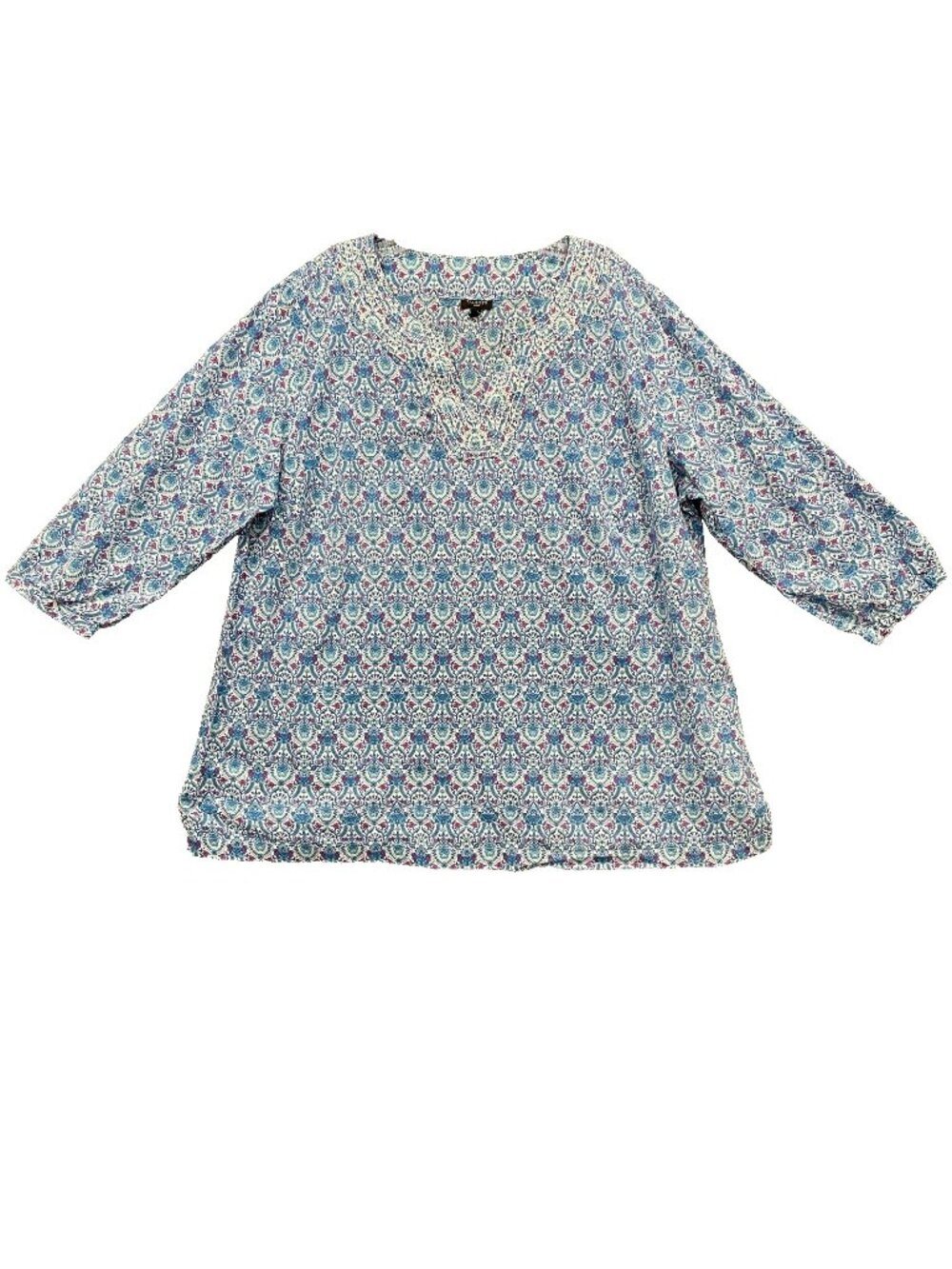 Talbots Tunic Top Womens Size 2X Blue Pink Embroidered Floral Paisley Split Neck